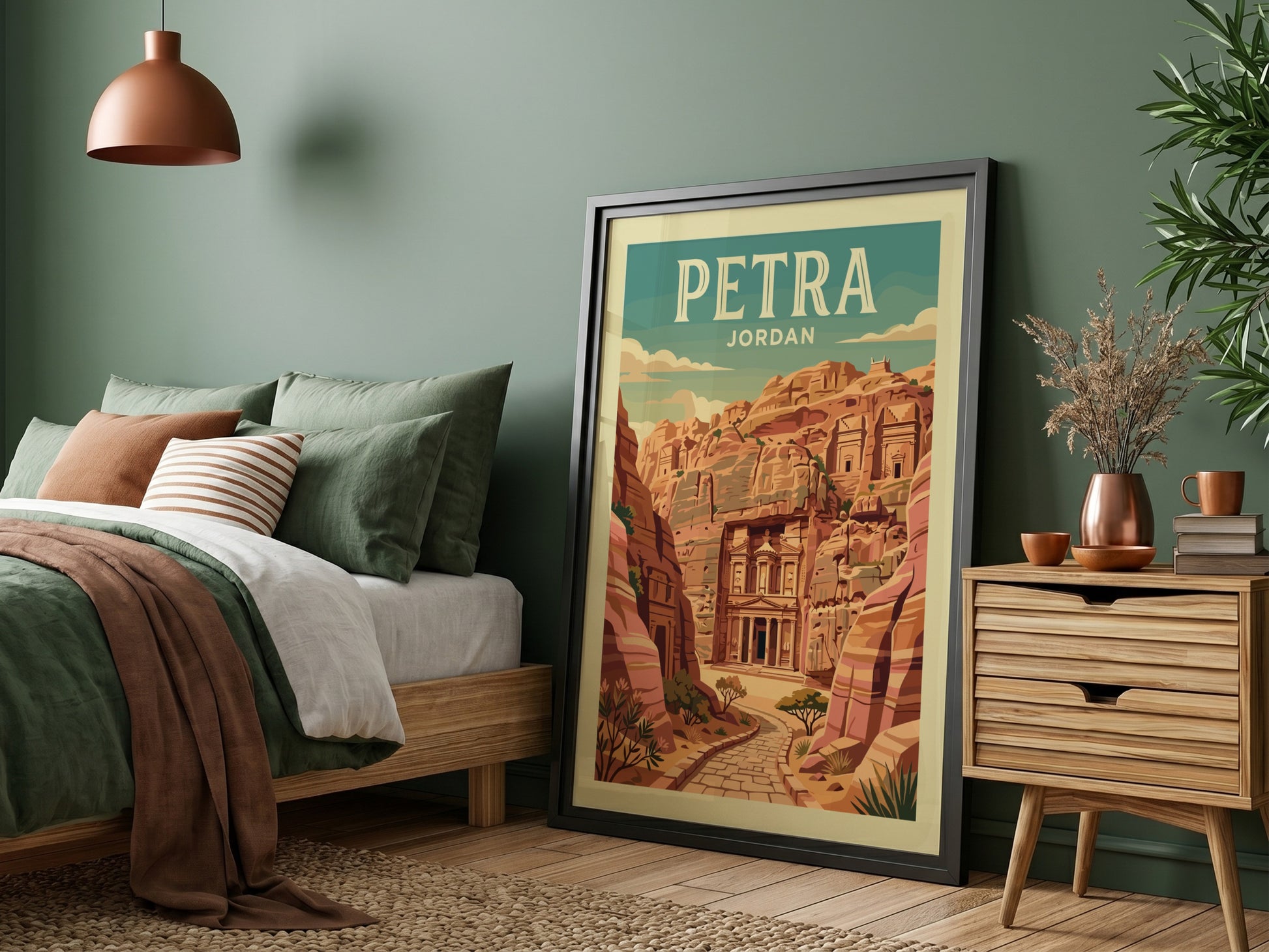 Petra Jordan travel poster featuring the Treasury carved into sandstone cliffs in a vintage art style.