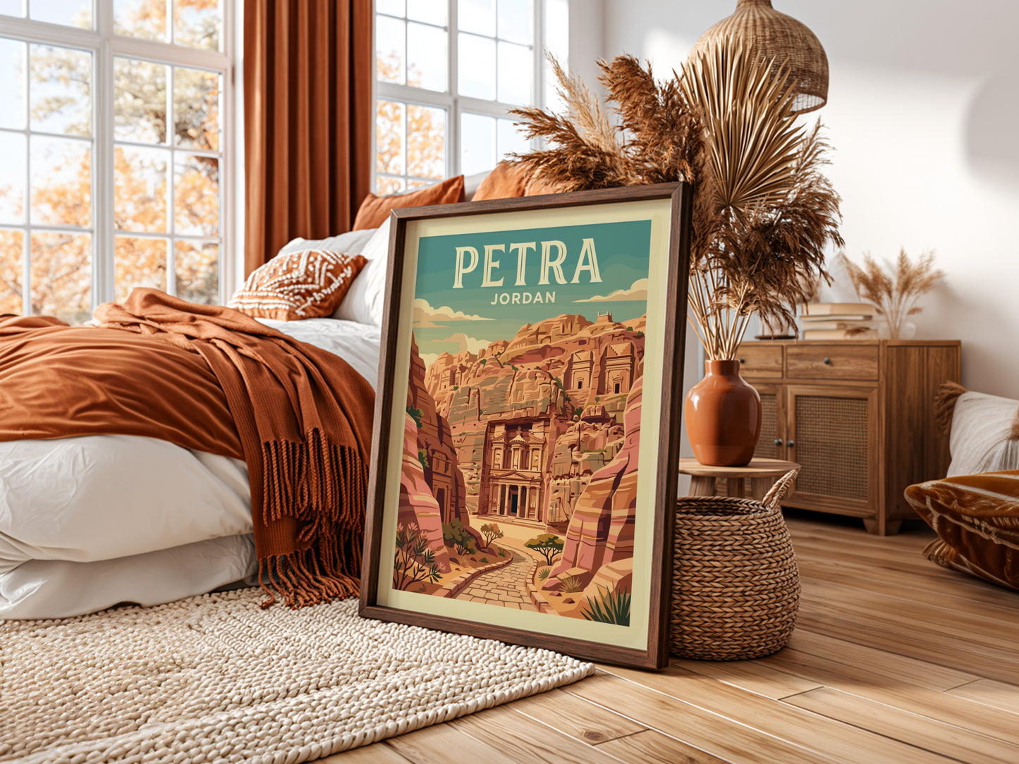 Petra Jordan travel poster featuring the Treasury carved into sandstone cliffs in a vintage art style.