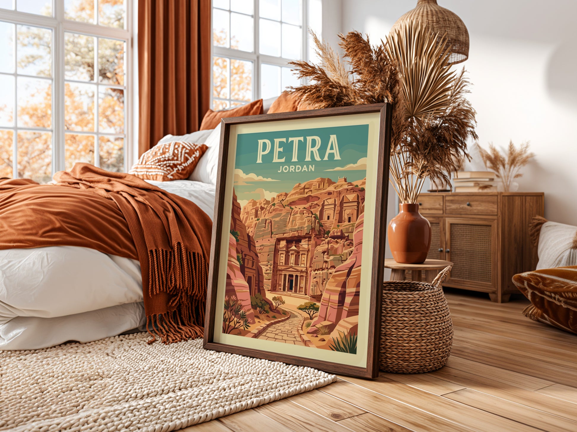 Petra Jordan travel poster featuring the Treasury carved into sandstone cliffs in a vintage art style.