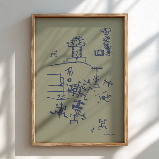 Petroglyph - Signs poster featuring blue ancient figures and symbols on a beige background.