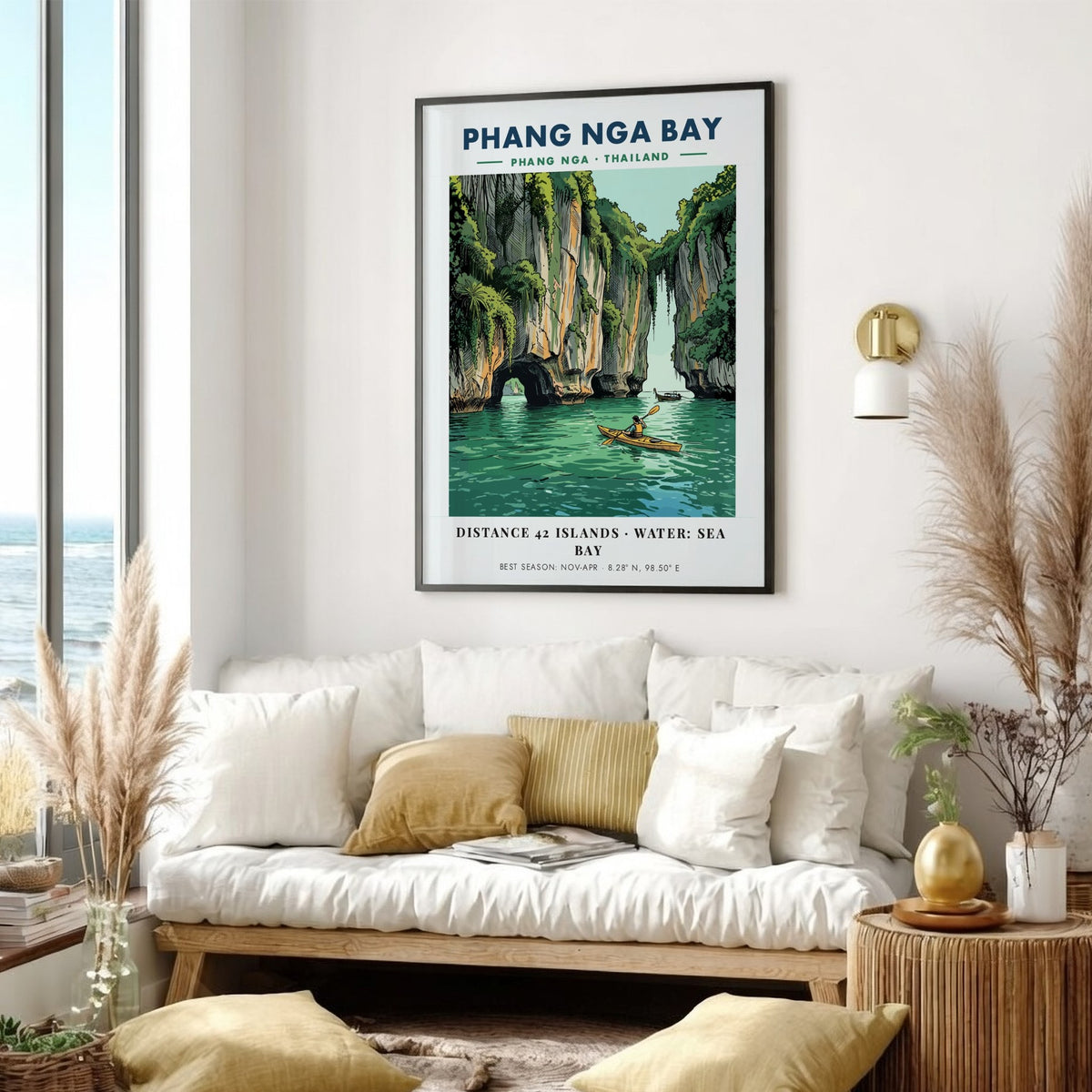 Poster of a kayaker paddling through emerald waters near towering Thai limestone cliffs.