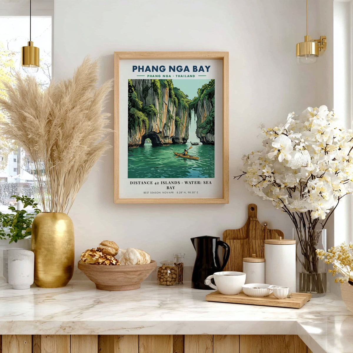 Poster of a kayaker paddling through emerald waters near towering Thai limestone cliffs.