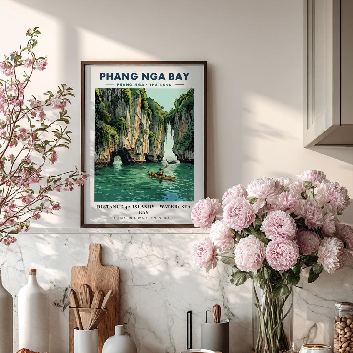 Poster of a kayaker paddling through emerald waters near towering Thai limestone cliffs.