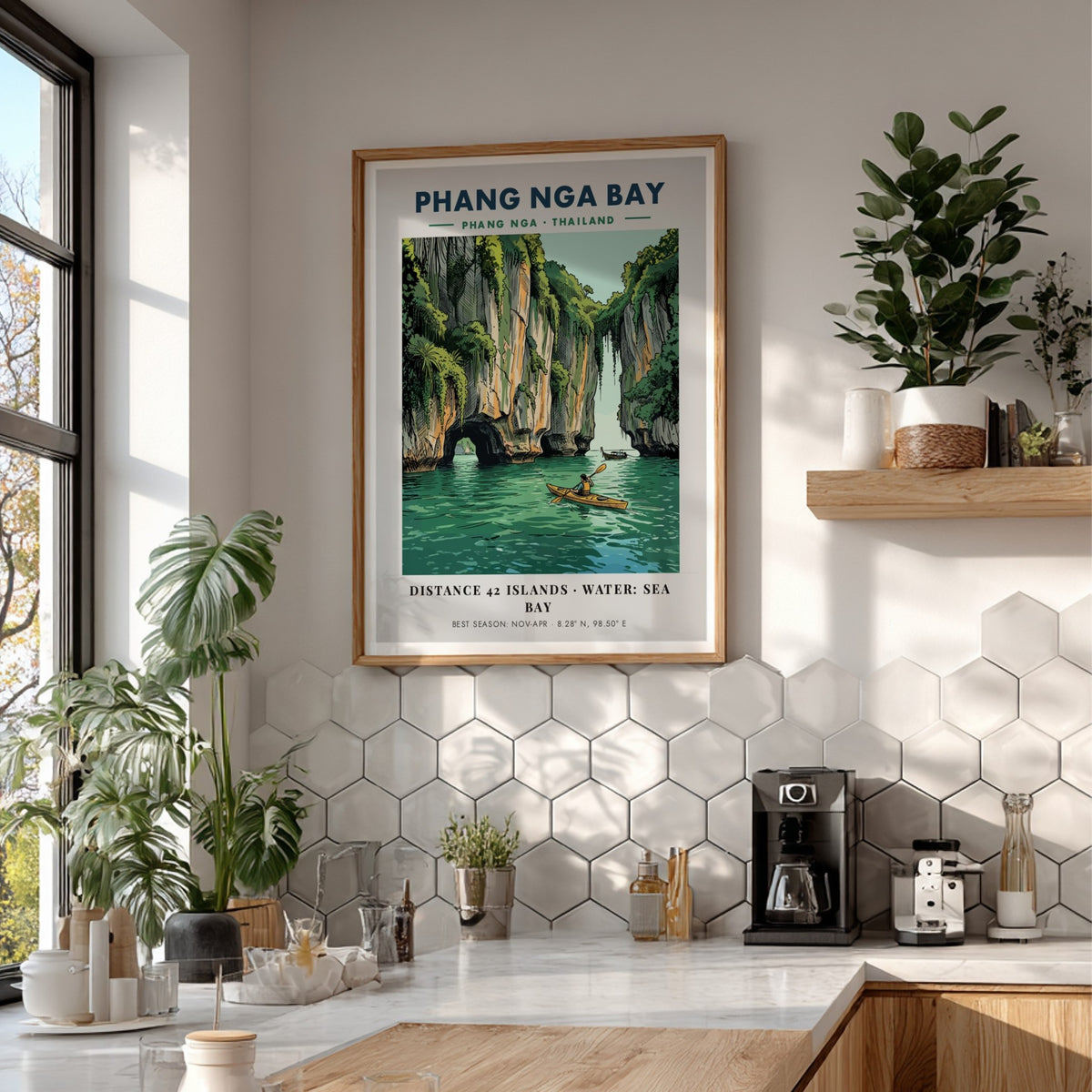 Poster of a kayaker paddling through emerald waters near towering Thai limestone cliffs.