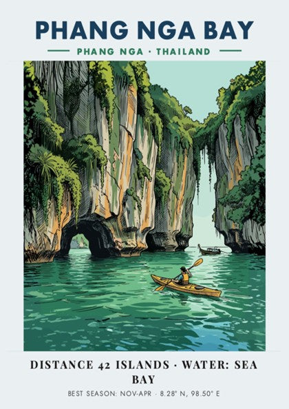 Poster of a kayaker paddling through emerald waters near towering Thai limestone cliffs.