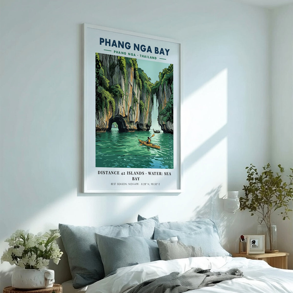 Poster of a kayaker paddling through emerald waters near towering Thai limestone cliffs.