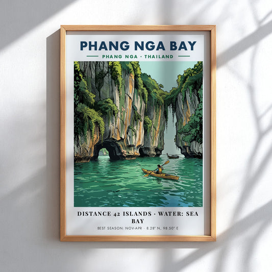 Poster of a kayaker paddling through emerald waters near towering Thai limestone cliffs.