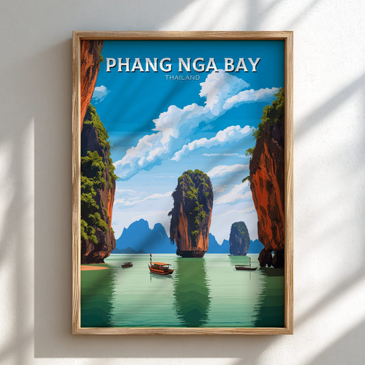 Framed artwork of Phang Nga Bay with a wooden frame on a white wall.