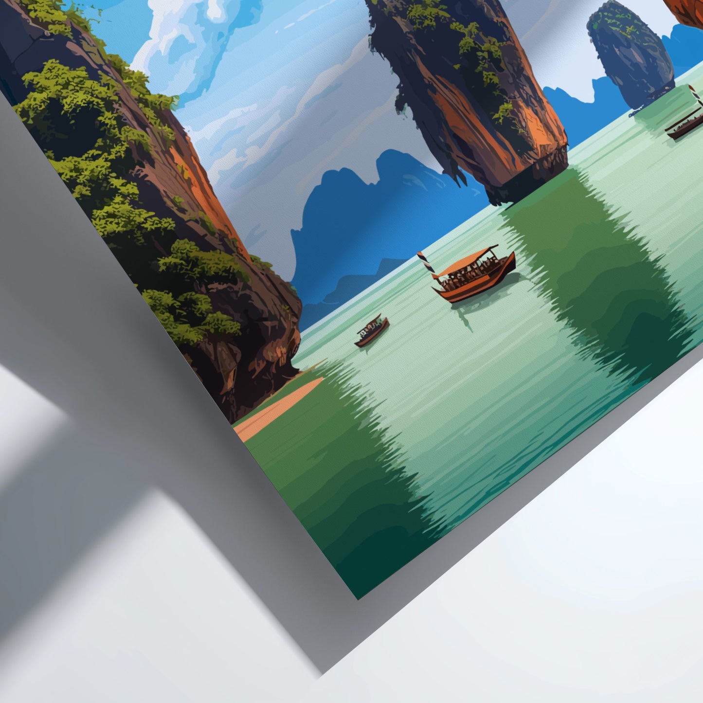 Illustration of a tropical island with boats on a body of water