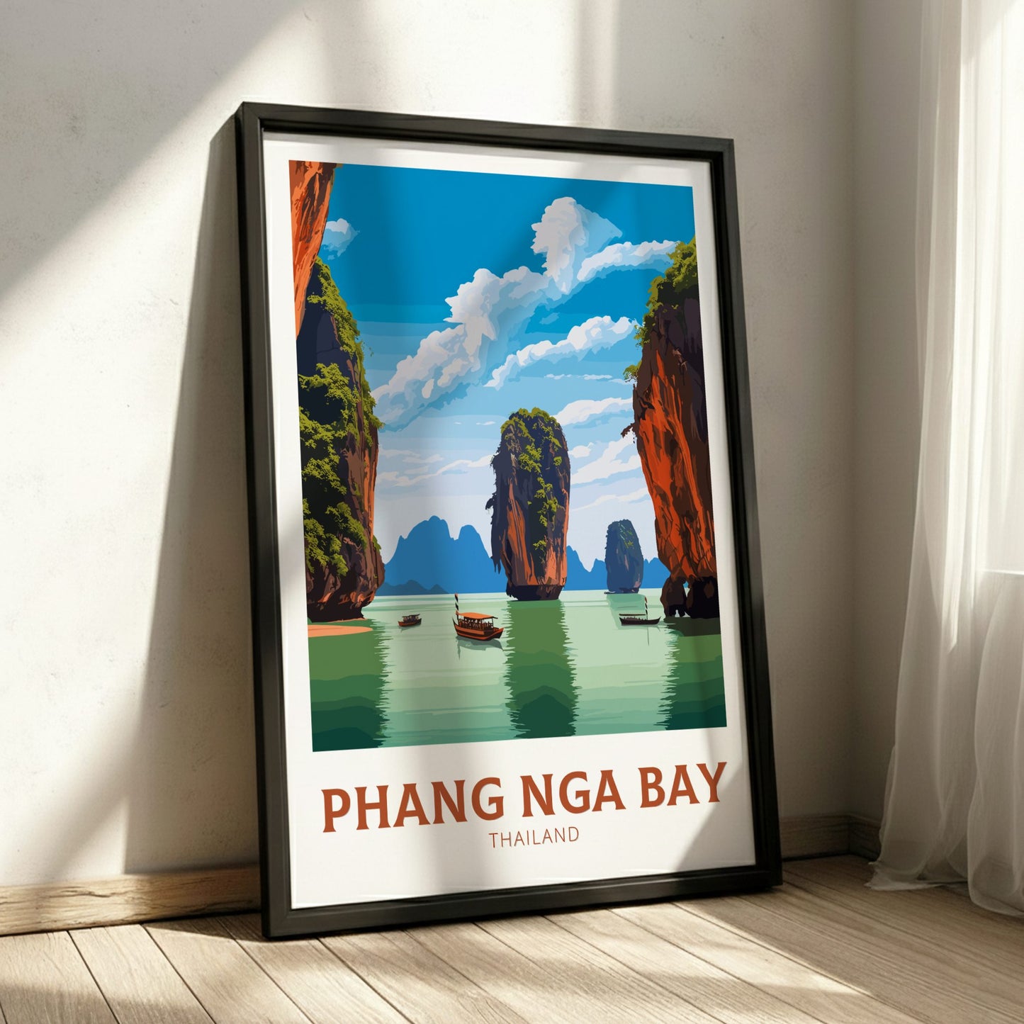Framed poster of Phang Nga Bay with a scenic view of cliffs and boats.