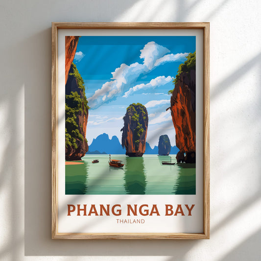 Framed poster of Phang Nga Bay with a wooden frame on a white wall.