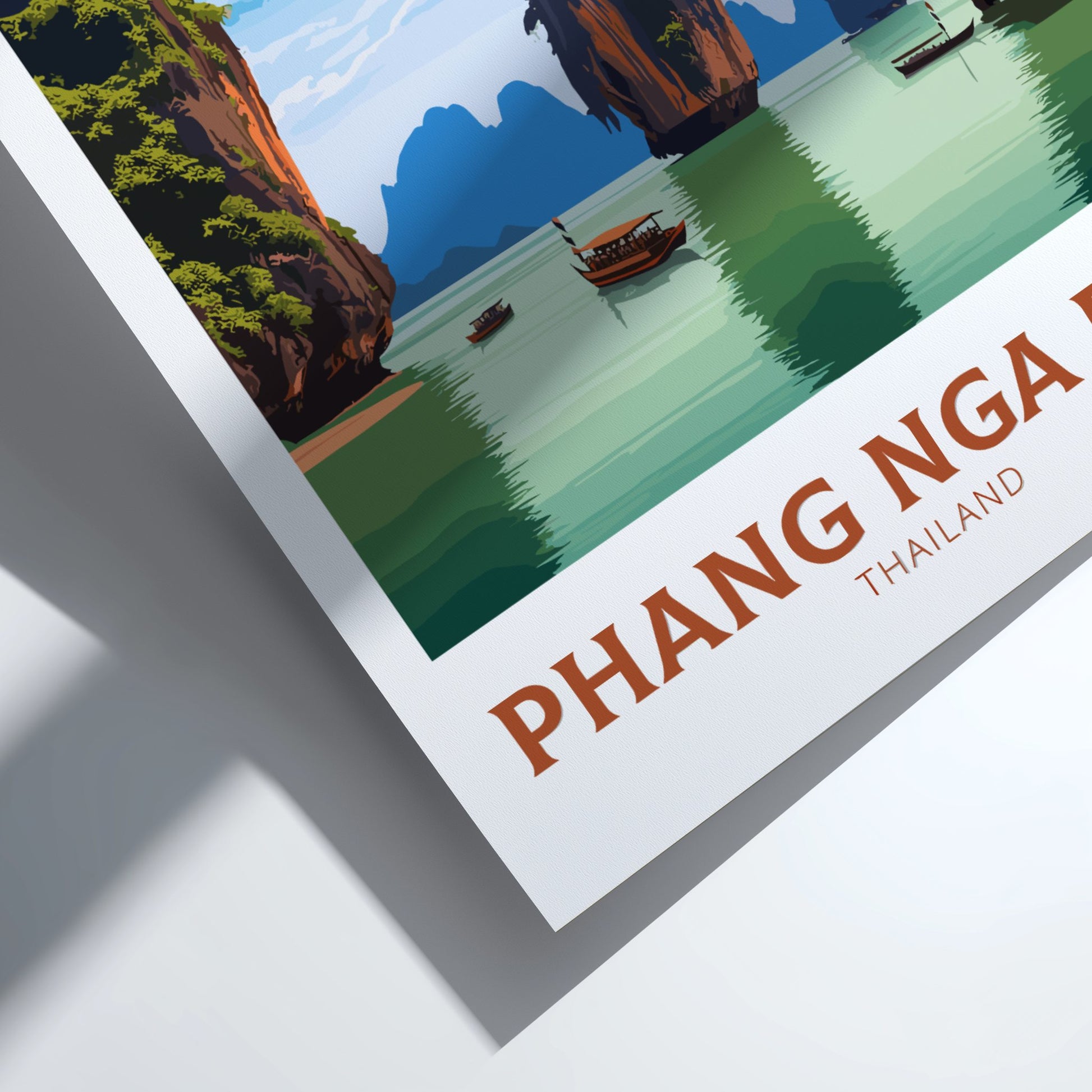 Poster of Phang Nga Bay with boats and cliffs on a white background