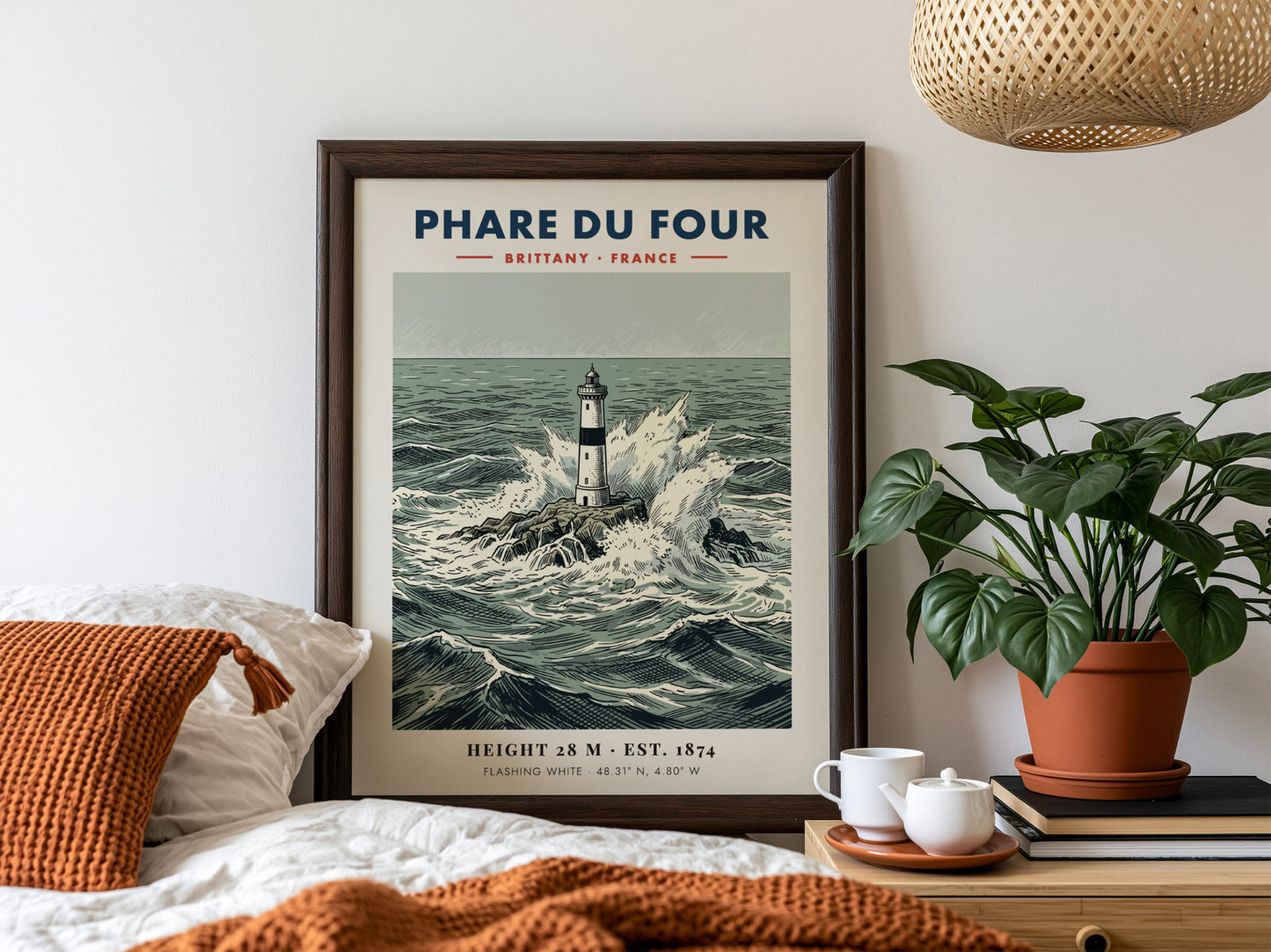 Poster of Phare Du Four lighthouse in Brittany surrounded by crashing ocean waves.