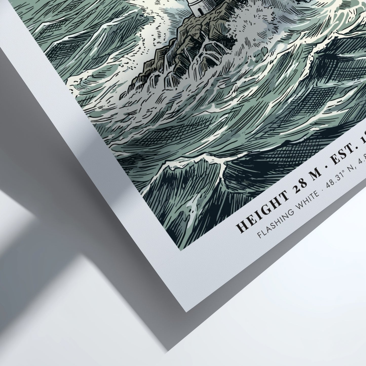 Poster of Phare Du Four lighthouse in Brittany surrounded by crashing ocean waves.
