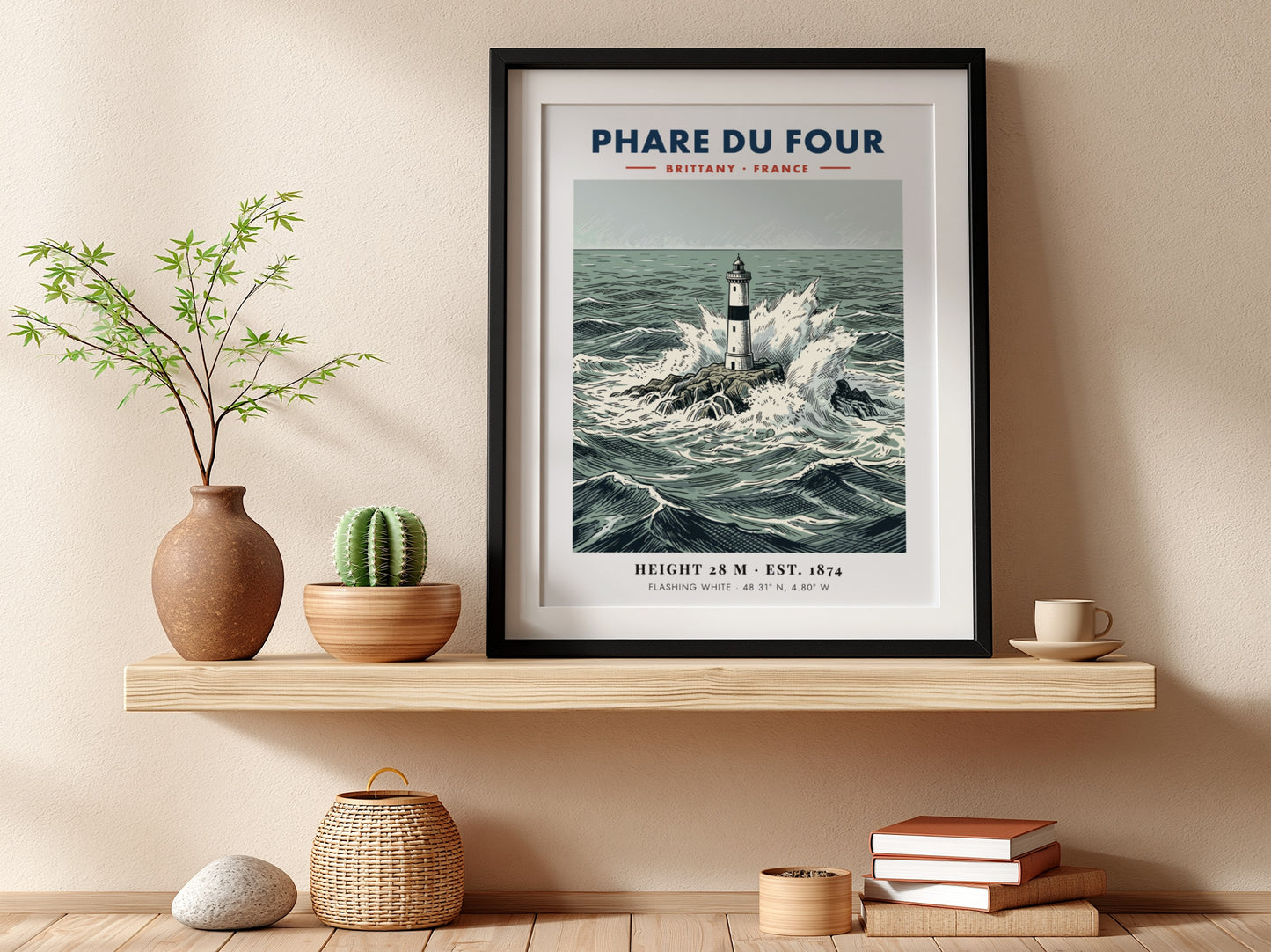 Poster of Phare Du Four lighthouse in Brittany surrounded by crashing ocean waves.