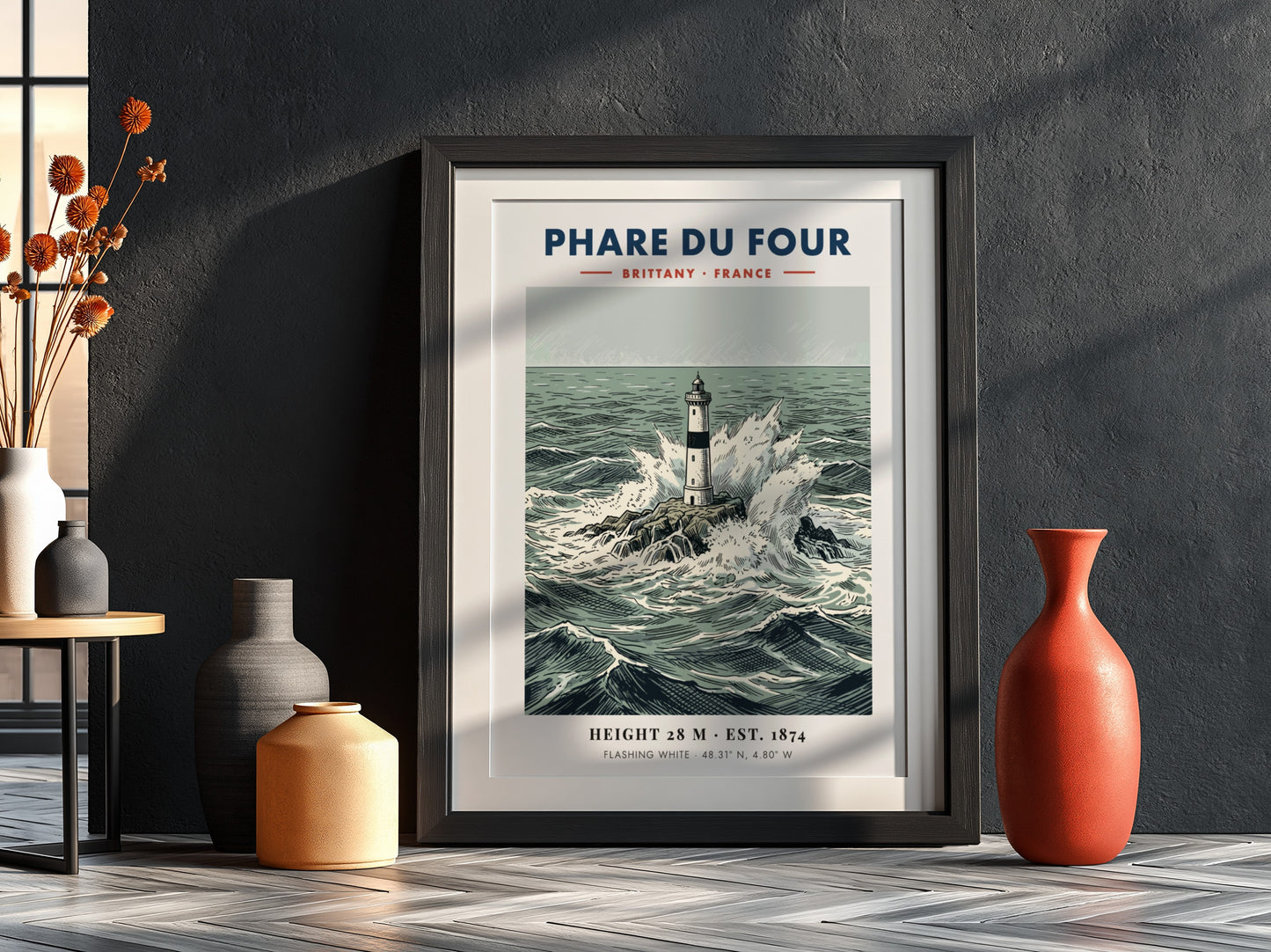 Poster of Phare Du Four lighthouse in Brittany surrounded by crashing ocean waves.