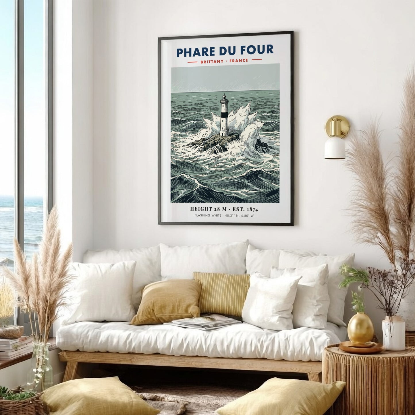 Poster of Phare Du Four lighthouse in Brittany surrounded by crashing ocean waves.