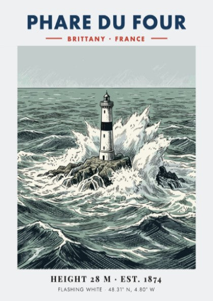 Poster of Phare Du Four lighthouse in Brittany surrounded by crashing ocean waves.