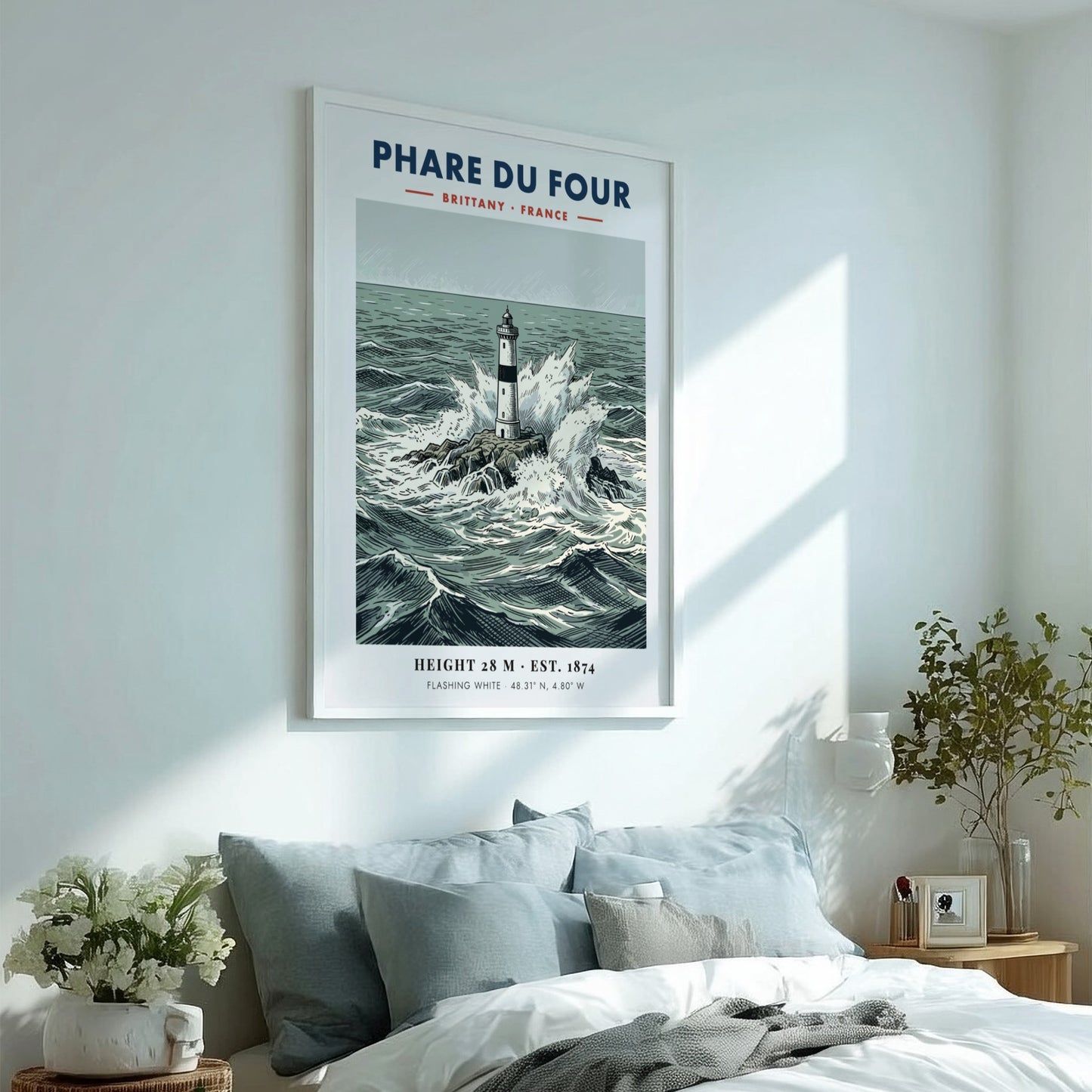 Poster of Phare Du Four lighthouse in Brittany surrounded by crashing ocean waves.