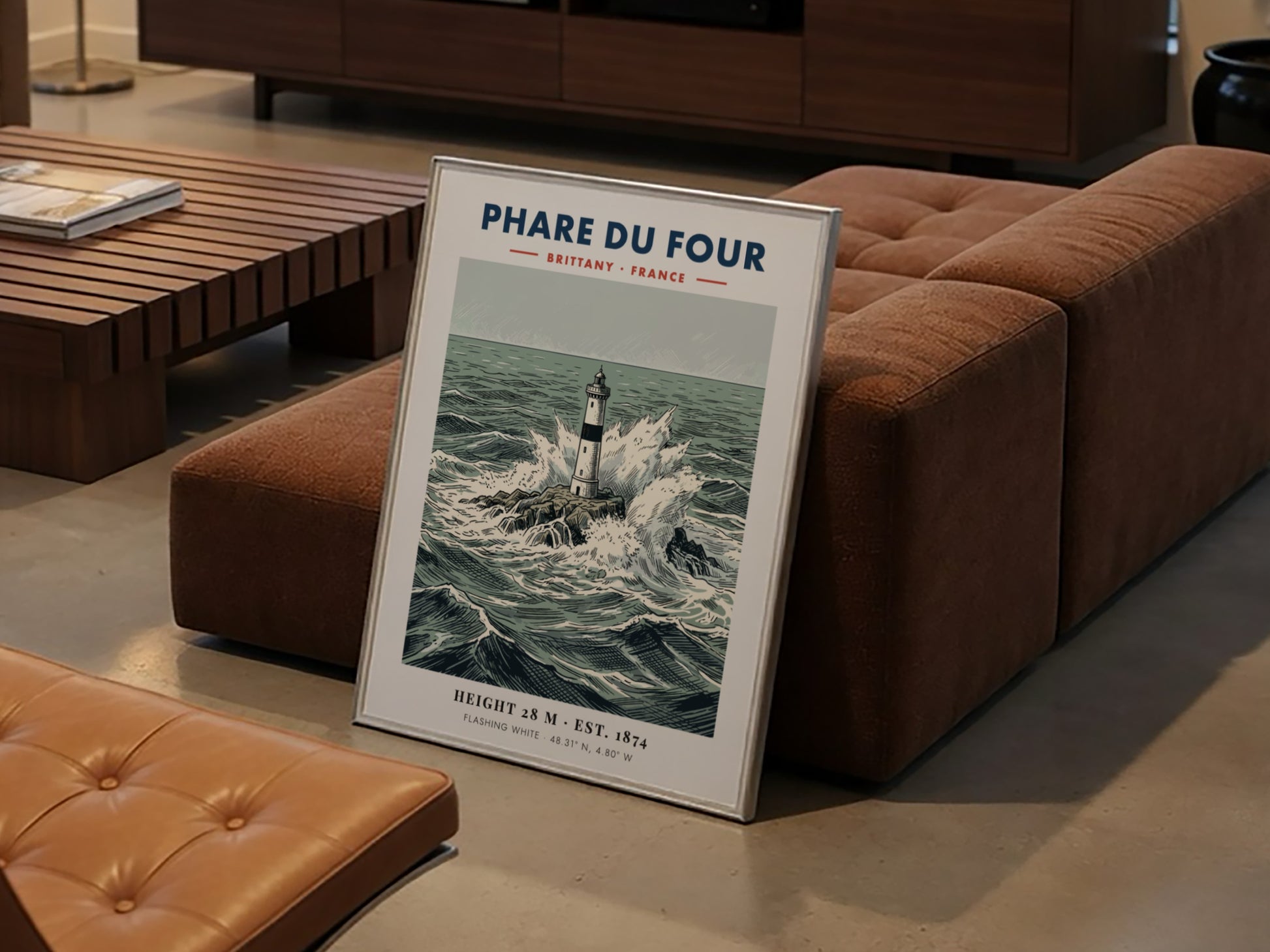 Poster of Phare Du Four lighthouse in Brittany surrounded by crashing ocean waves.