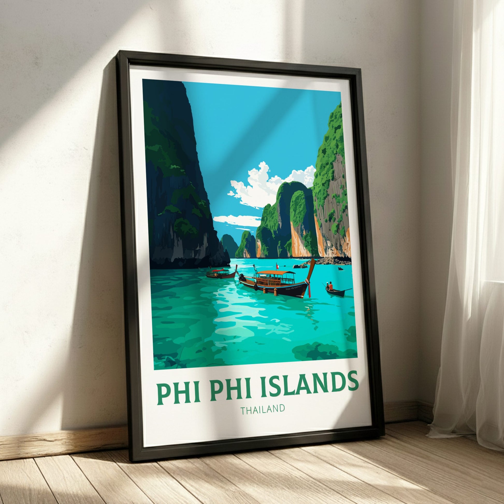 Framed poster of Phi Phi Islands with a scenic view of a tropical island and turquoise water.