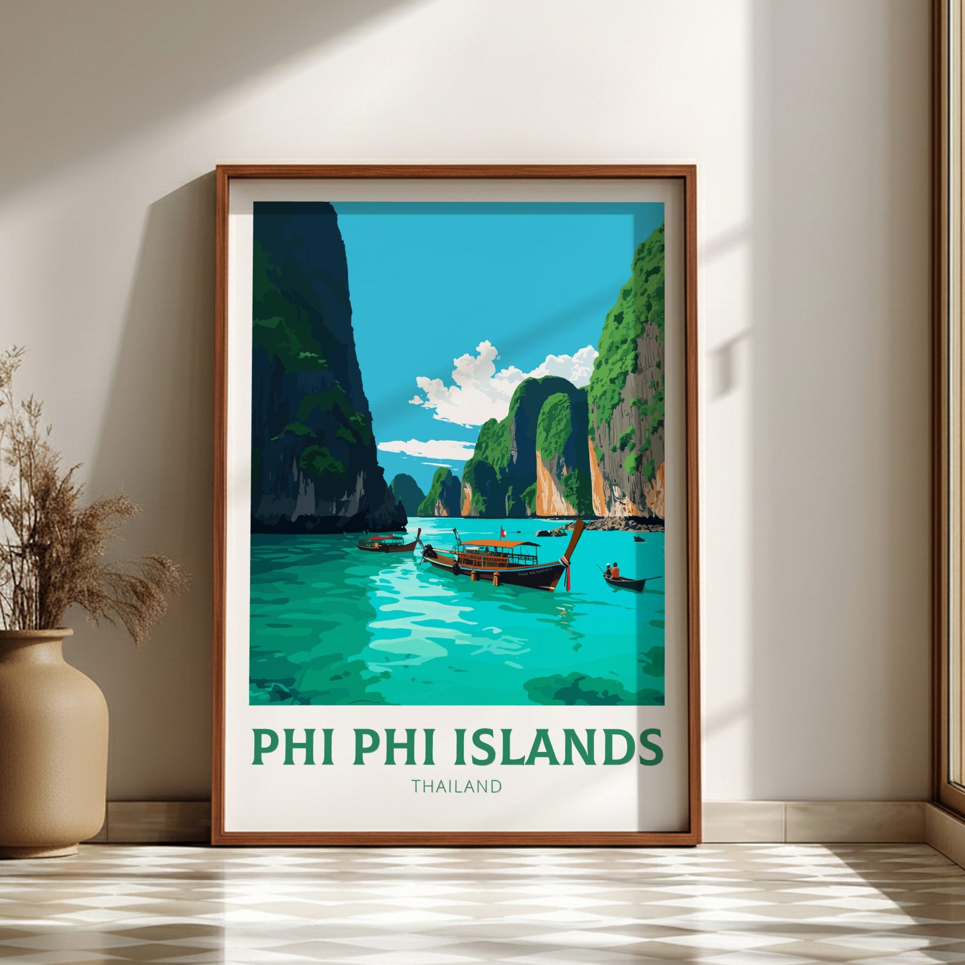 Framed artwork of Phi Phi Islands, Thailand on a wall.