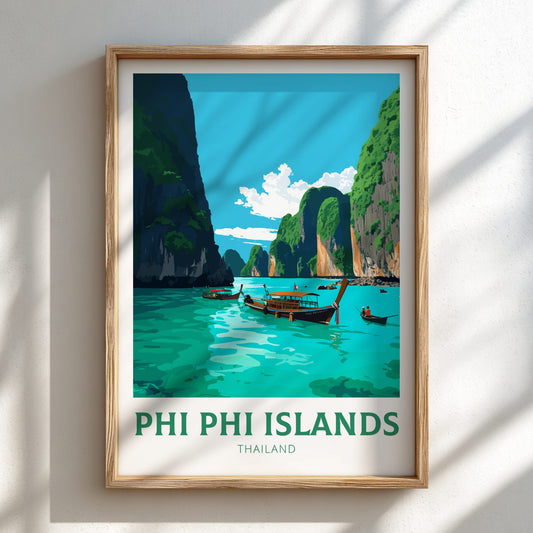 Framed poster of Phi Phi Islands, Thailand with a scenic view of turquoise water and boats.
