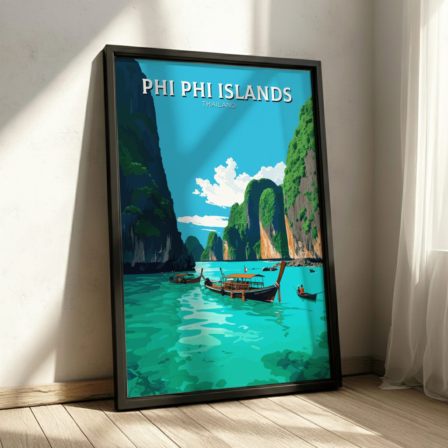 Framed poster of Phi Phi Islands with boats and cliffs on a blue sky background.
