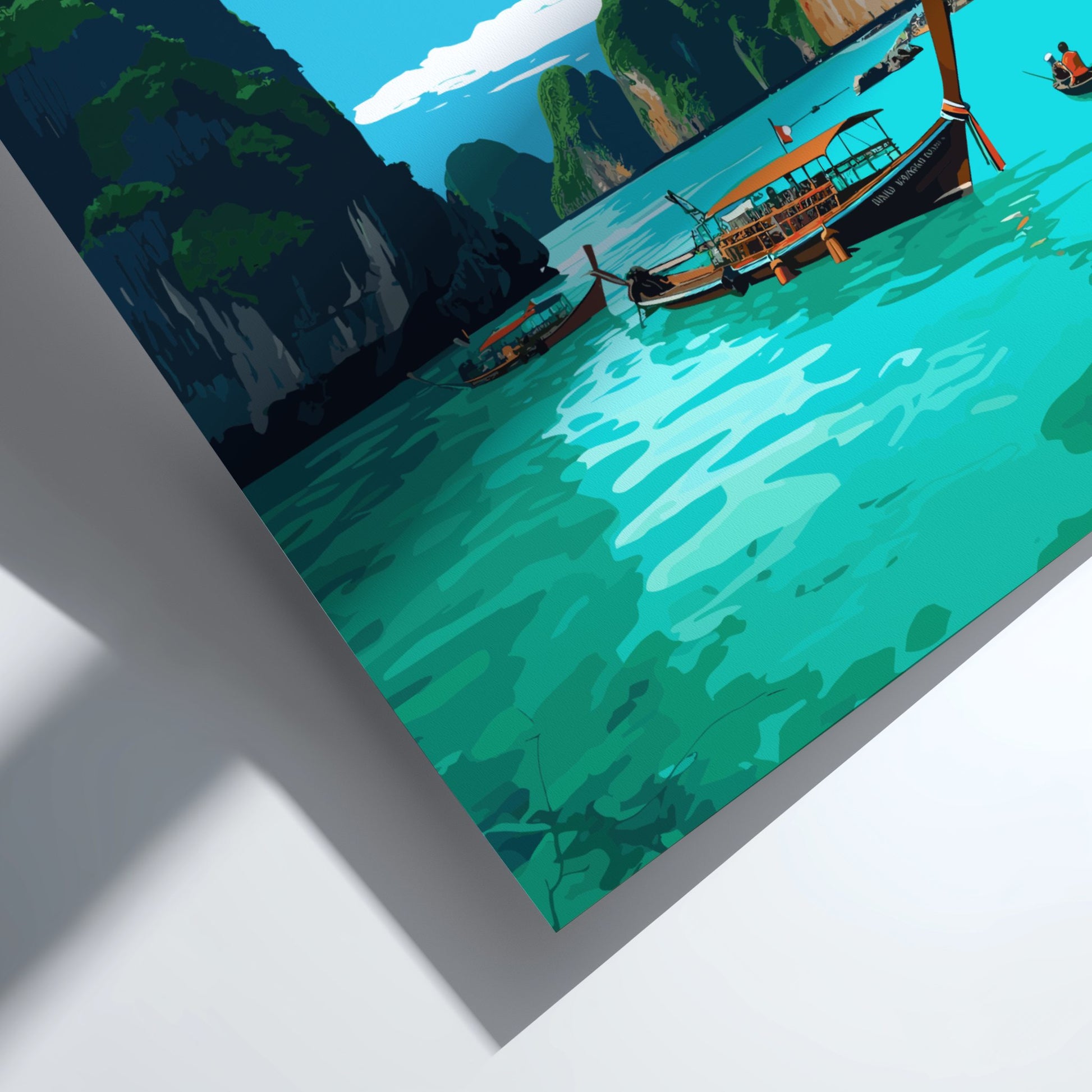 Illustration of a scenic waterway with boats and mountains.