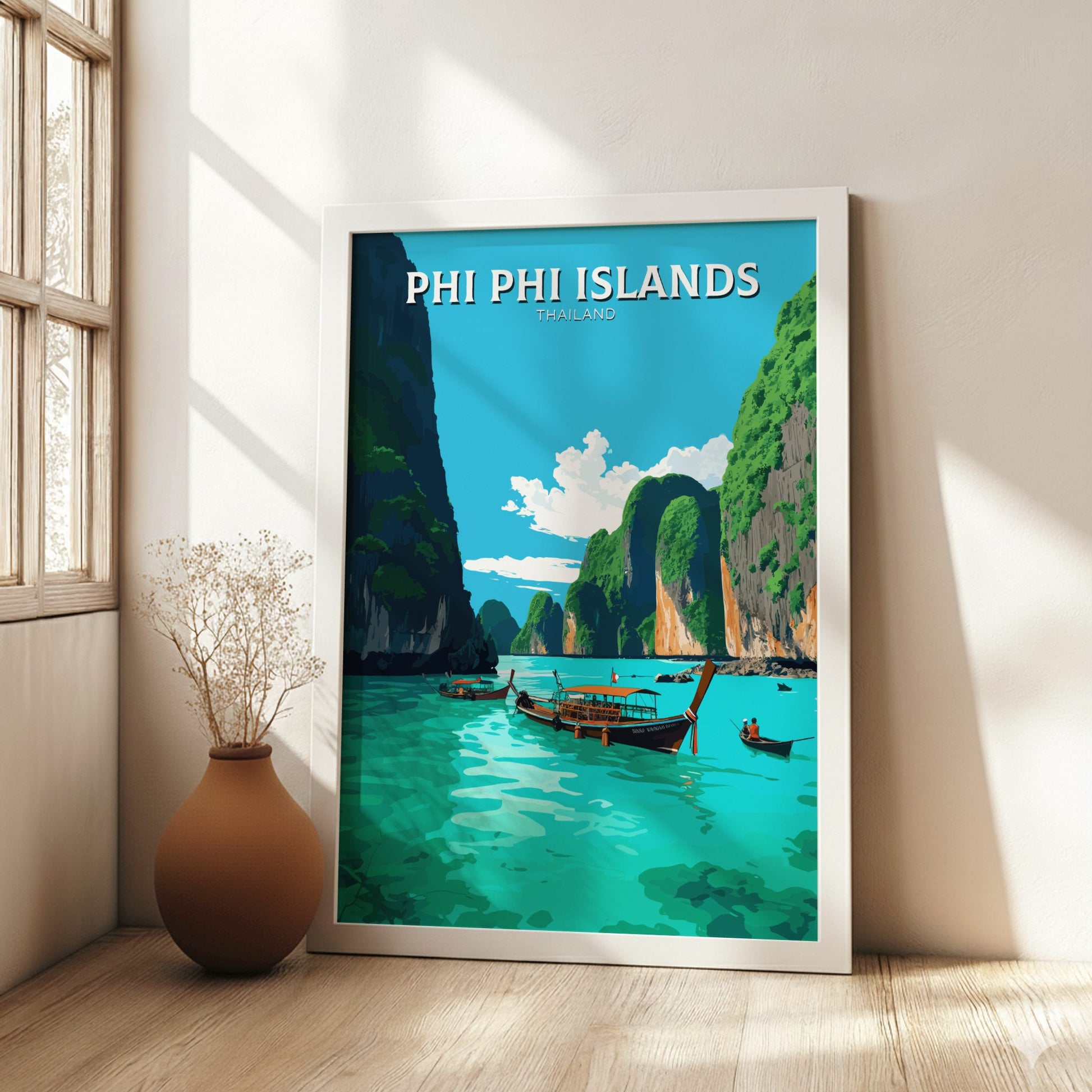 Framed poster of Phi Phi Islands with a scenic view of a tropical island and boats.