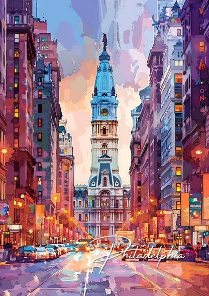 Philadelphia Watercolour Travel Poster - Pennsylvania Artwork