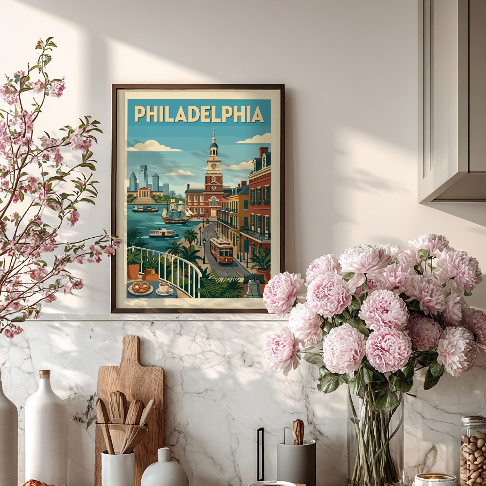 Stylized Philadelphia cityscape poster with Independence Hall, ships, and trolley in a retro art style.