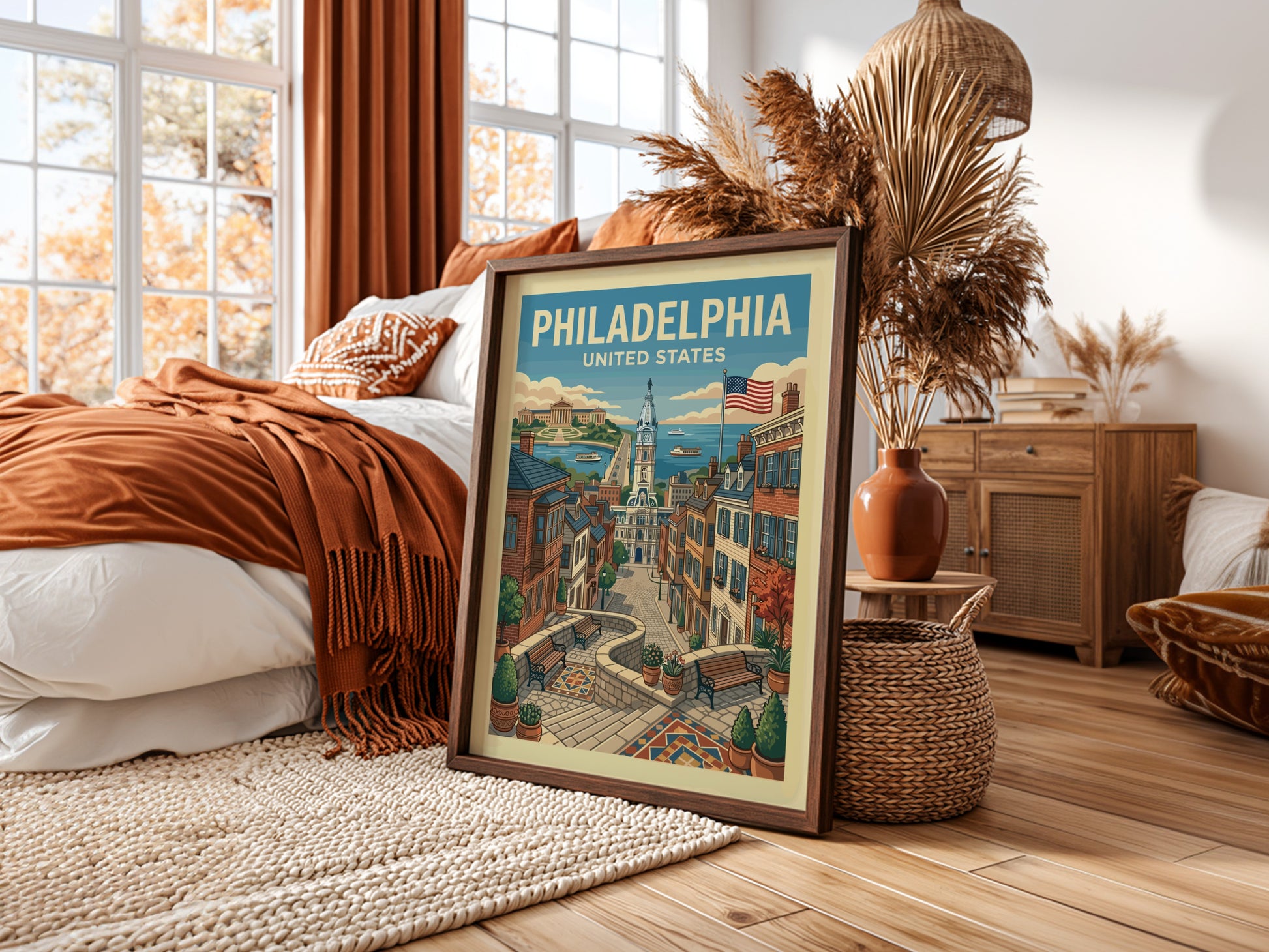 Vintage Philadelphia travel poster featuring a cityscape with City Hall and historic buildings, in a warm