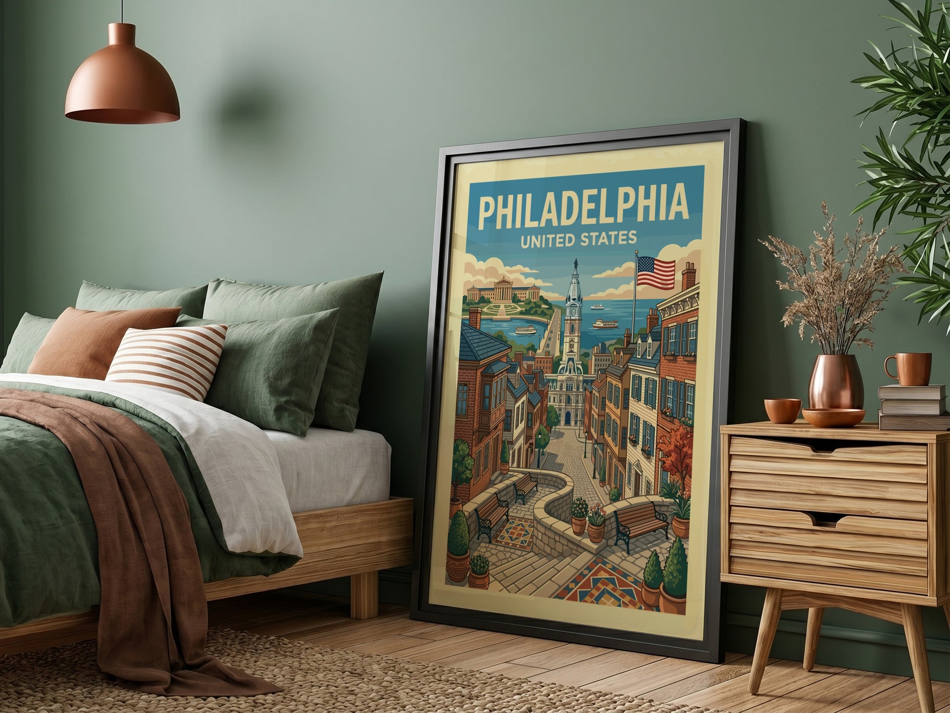Vintage Philadelphia travel poster featuring a cityscape with City Hall and historic buildings, in a warm