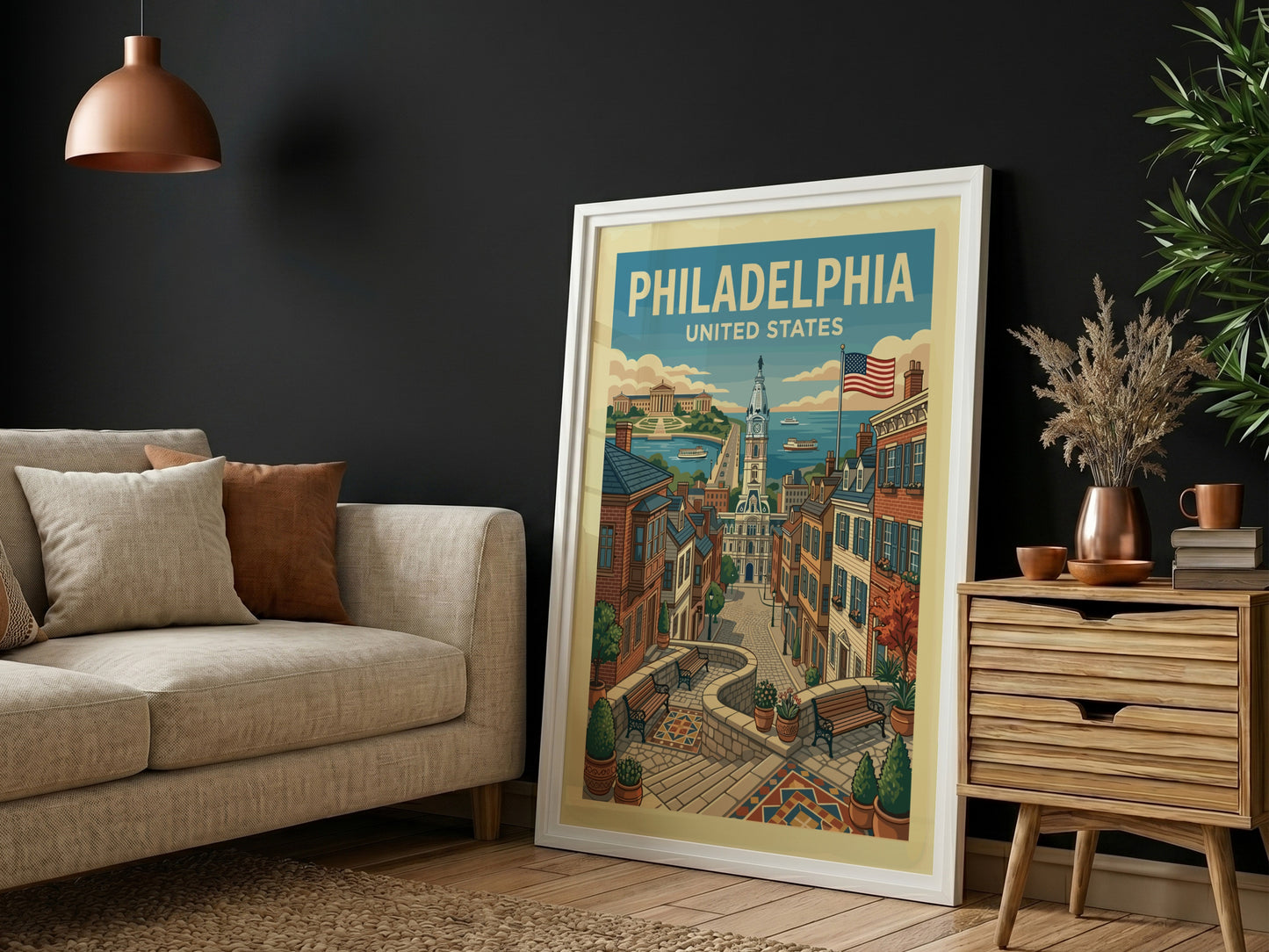 Vintage Philadelphia travel poster featuring a cityscape with City Hall and historic buildings, in a warm