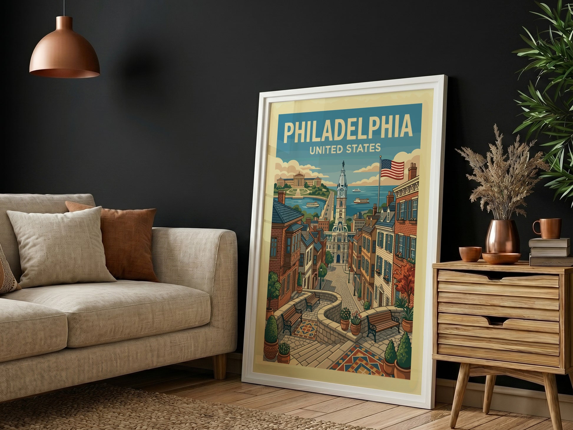 Vintage Philadelphia travel poster featuring a cityscape with City Hall and historic buildings, in a warm