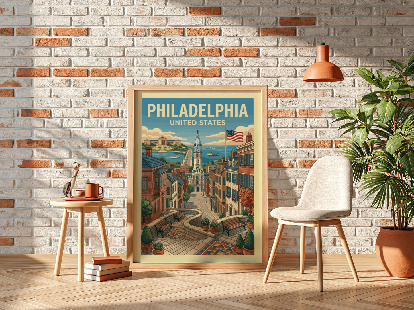 Vintage Philadelphia travel poster featuring a cityscape with City Hall and historic buildings, in a warm