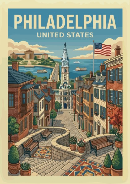 Vintage Philadelphia travel poster featuring a cityscape with City Hall and historic buildings, in a warm