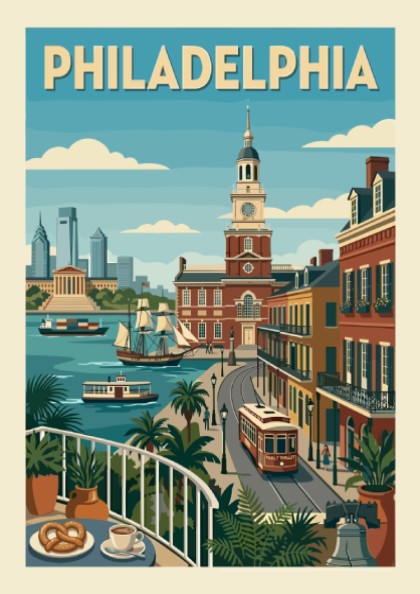 Stylized Philadelphia cityscape poster with Independence Hall, ships, and trolley in a retro art style.