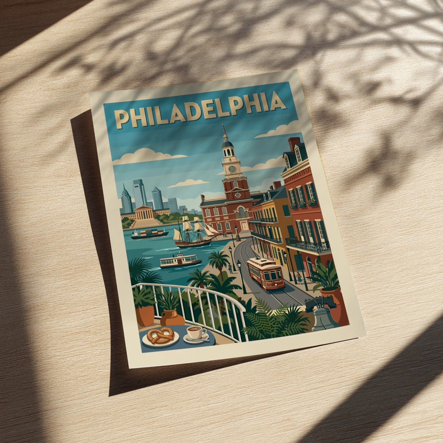 Stylized Philadelphia cityscape poster with Independence Hall, ships, and trolley in a retro art style.