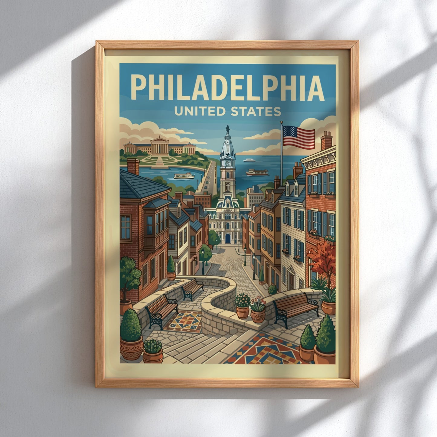 Vintage Philadelphia travel poster featuring a cityscape with City Hall and historic buildings, in a warm
