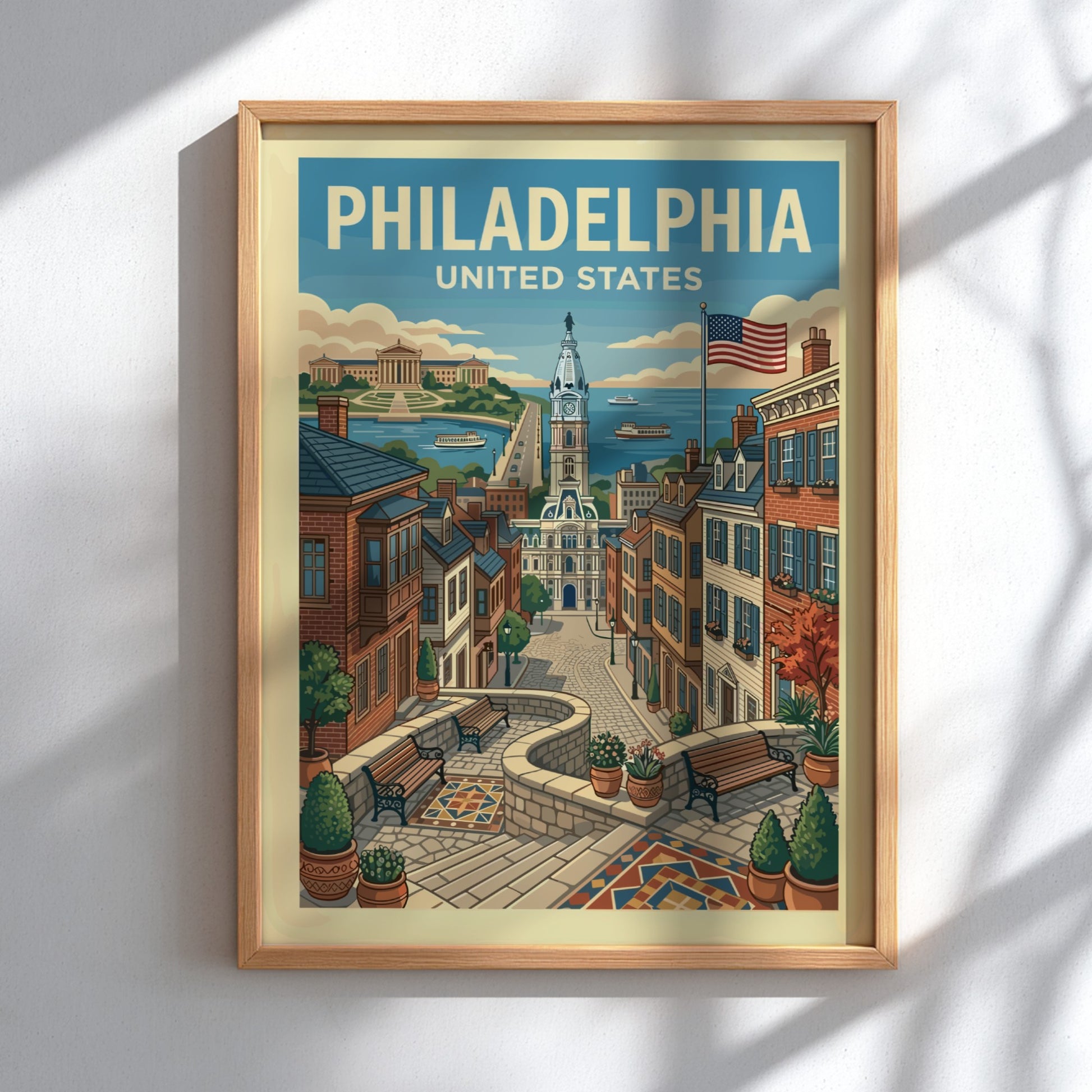 Vintage Philadelphia travel poster featuring a cityscape with City Hall and historic buildings, in a warm