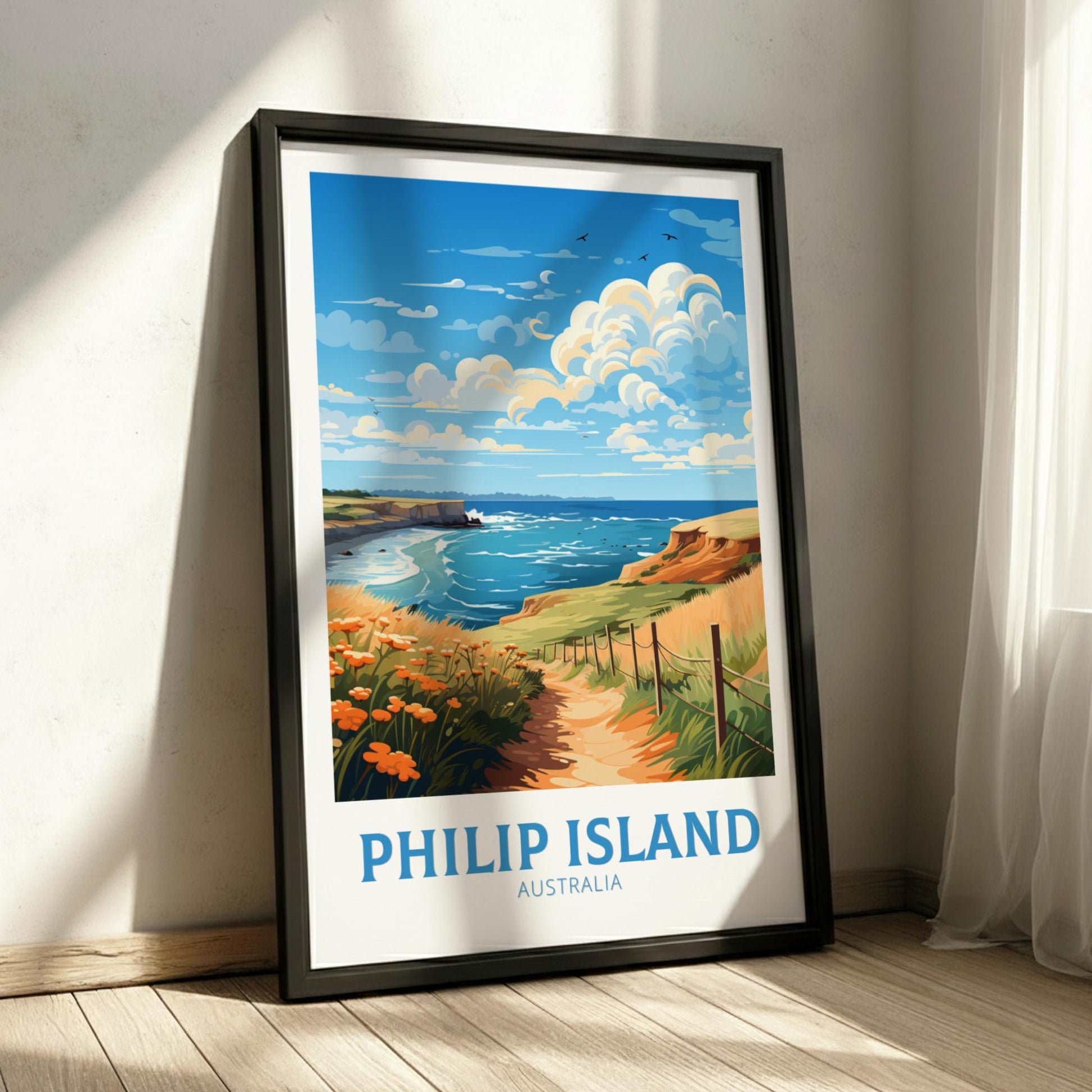 Framed artwork of Philip Island, Australia with a scenic view of the ocean and cliffs.