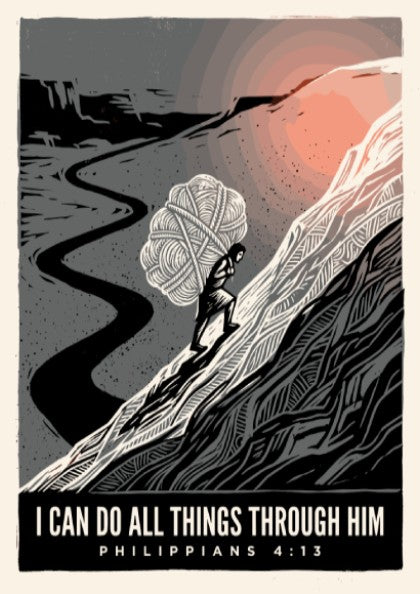 Poster displaying a person carrying a heavy burden up a steep mountain path.