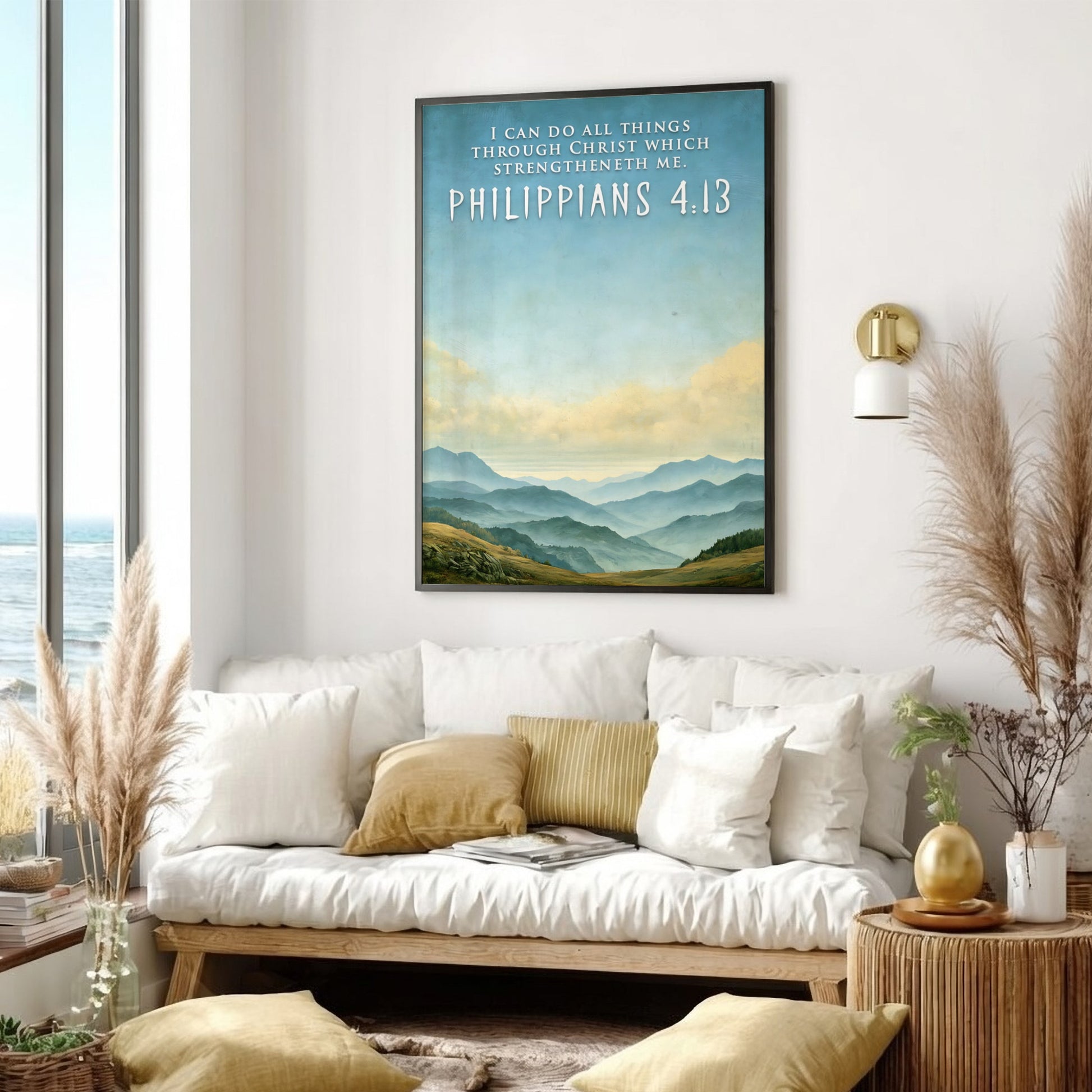 Poster featuring a serene mountain range under a blue sky with Philippians 4:13 text.