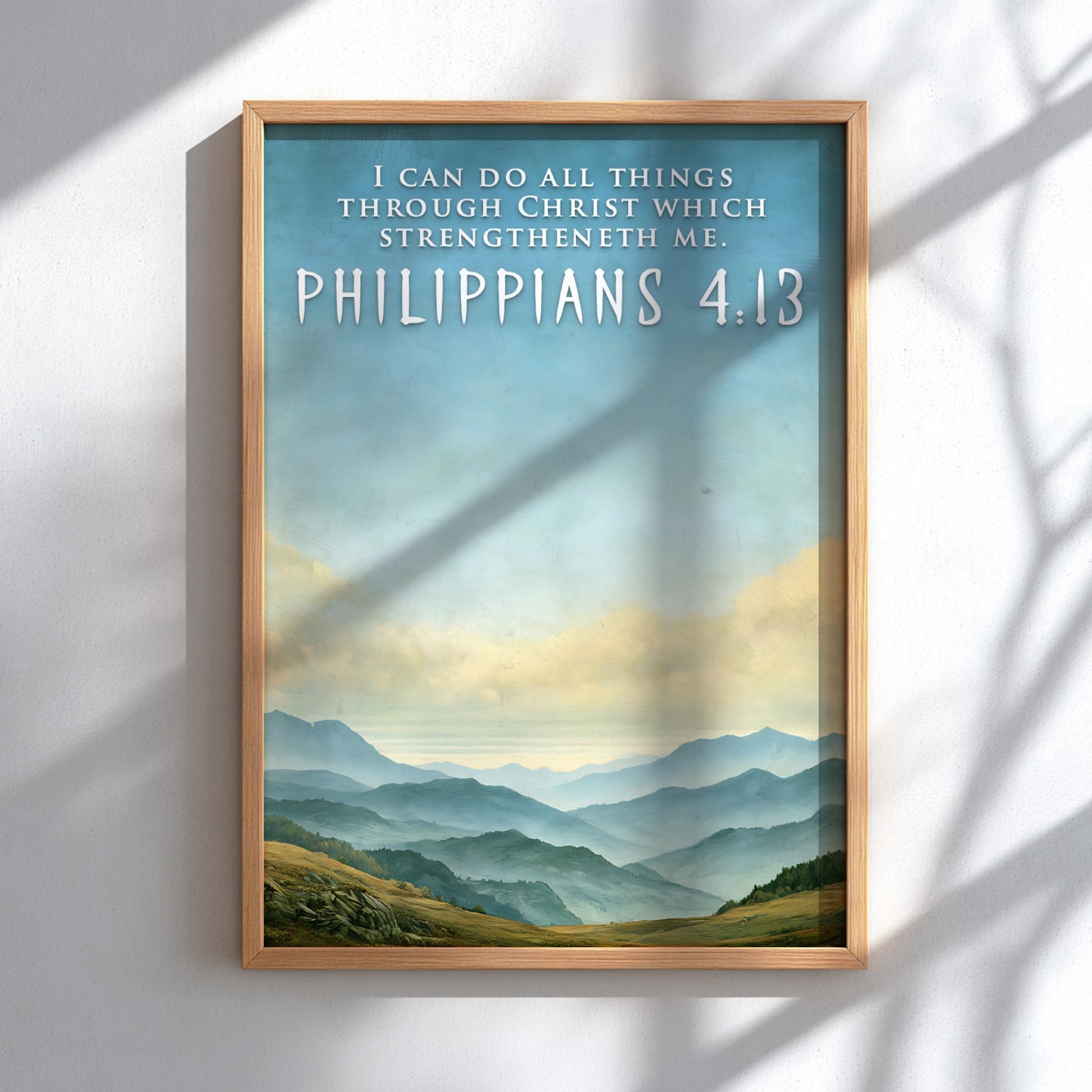 Poster featuring a serene mountain range under a blue sky with Philippians 4:13 text.