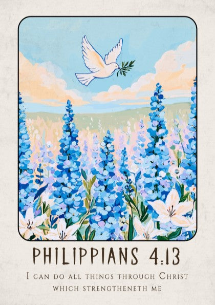 Philippians 4:13 poster featuring blue flowers and a dove, inspirational religion art