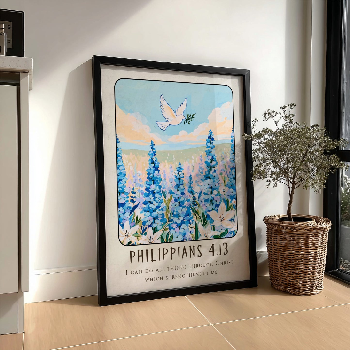Philippians 4:13 poster featuring blue flowers and a dove, inspirational religion art