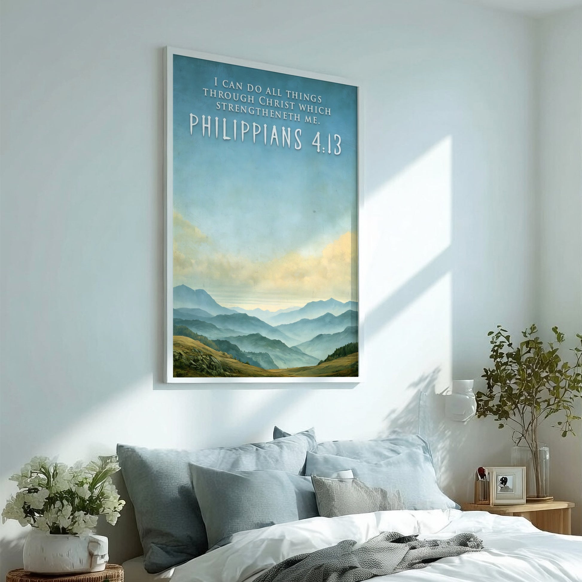 Poster featuring a serene mountain range under a blue sky with Philippians 4:13 text.