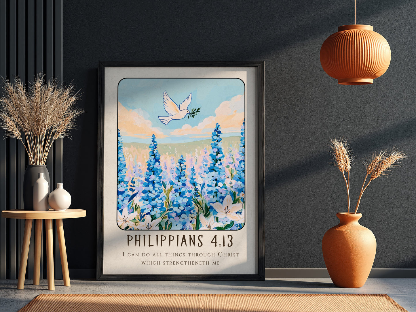 Philippians 4:13 poster featuring blue flowers and a dove, inspirational religion art